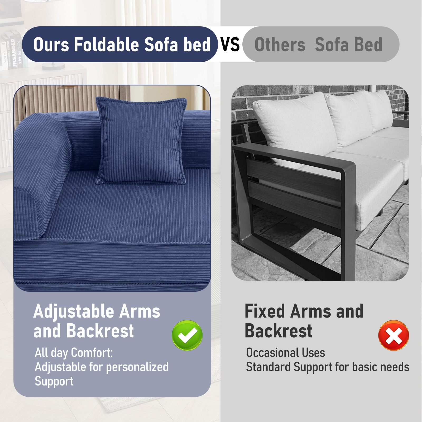 Convertible Corduroy Sleeper Sofa Bed With Two Pillows Blue_voghion.com